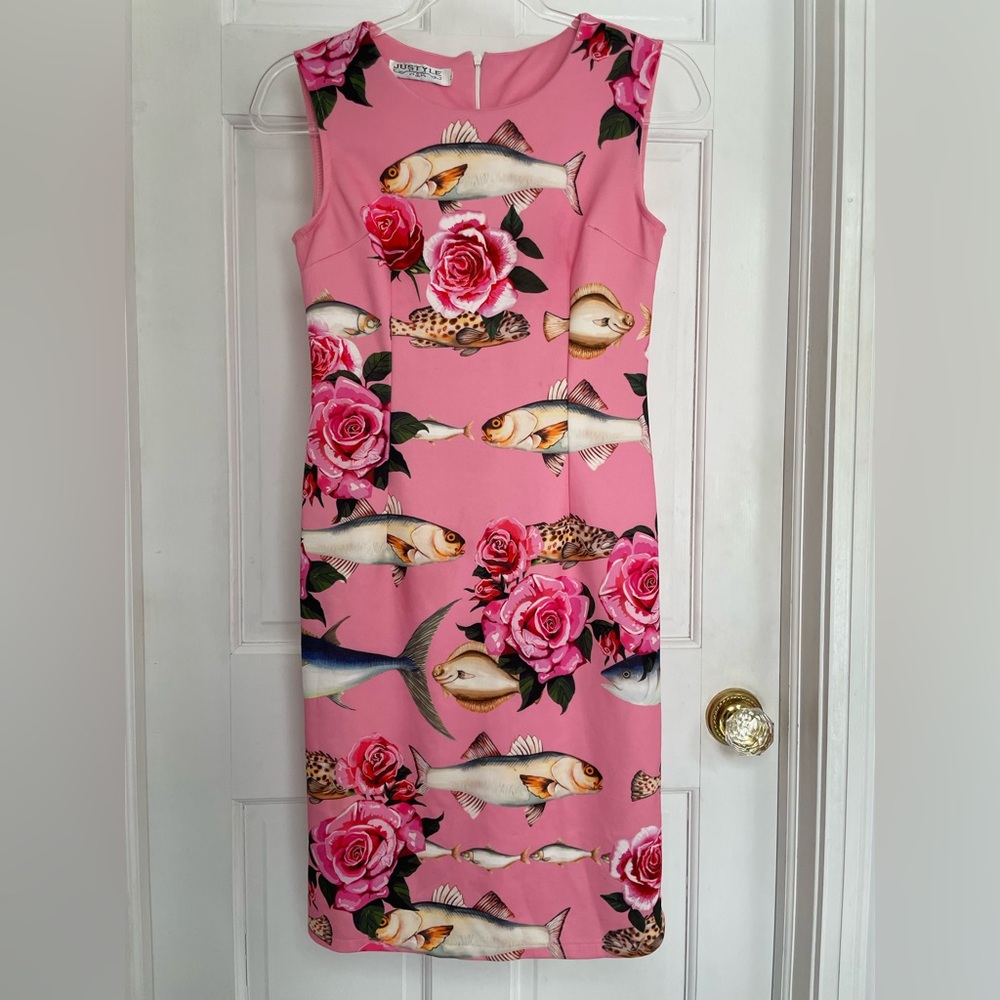 Elegant Pink Floral and Fish Print Midi Dress